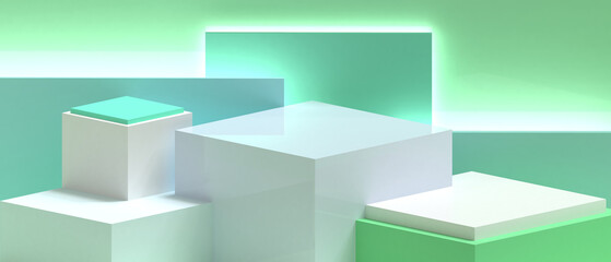 Minimal stage Podium showcase Geometric shapes square box and Triangle Concept on Green light...