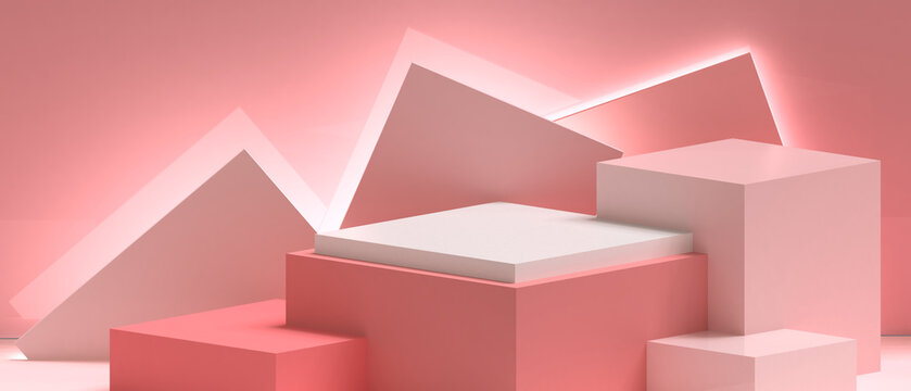 Minimal stage Podium showcase Geometric shapes square box and Triangle Concept on light Red background with copy space - 3d rendering
