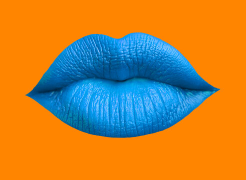 blue lip mouth over orange background-Kiss Lips,Makeup pattern with colorful lips, fashion wallpaper.