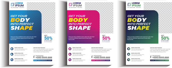 Fitness Gym Flyer Template,  3 color fitness body building and gym flyer A4 size template