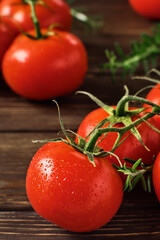 Branches of ripe red tomatoes and branches of rosemary on dark wooden background. Close-up, selective focus. Tomatoes in drops of water. Natural fresh food from the market to prepare the best dishes