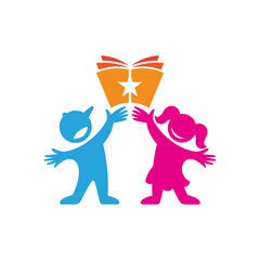 Book and two children. Modern kids education colorful logo template. Children school logo design