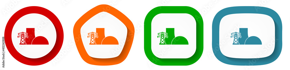 Poster nuclear power plant vector icon set, flat design buttons on white background
