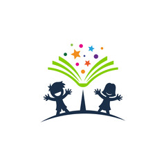 Children's school education logo template. Playful modern kids educational logo design with boy, girl, book and stars shape