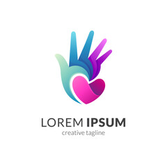 Hand and heart combination logo concept. Love hand care modern logo template