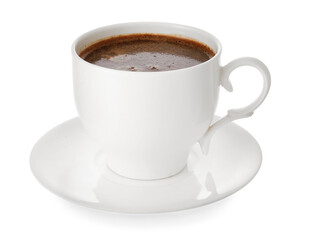 Cup with hot coffee on white background
