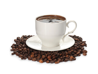 Cup with hot coffee on white background