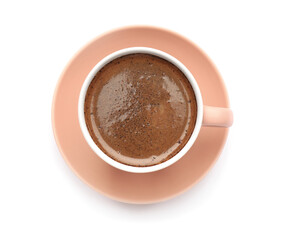 Cup with hot coffee on white background