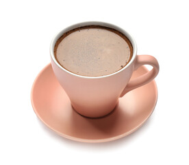 Cup with hot coffee on white background