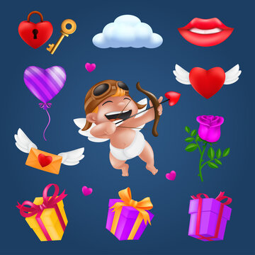Saint Valentine's day icons set - little angel or cupid, flying heart with wings, red rose flower, pink balloon, gift box, letter, padlock, key, smiling lips, cloud. Romantic items vector collection