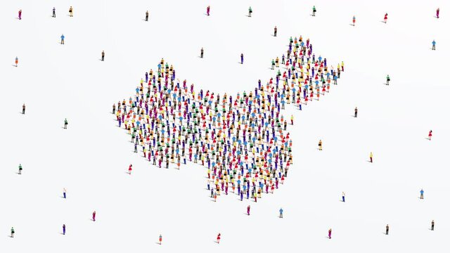 China Map. Large group of people form to create a shape of China Map. 4K Animation Video.
