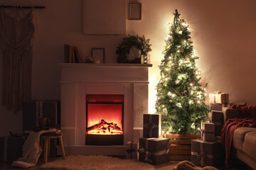 Interior of living room with beautiful Christmas tree at night