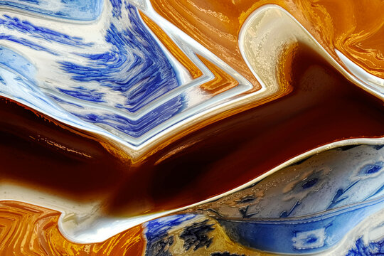 Ilustración abstracta de un delicioso té con leche dulce y cremoso servido en una taza de porcelana inglesa en tonos azules y blancos. Fondo con efecto metálico y formas geométricas.
