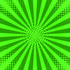 Abstract green striped retro comic background with halftone corners. Template with rays, dots and halftone effect texture. Vector illustration. EPS10