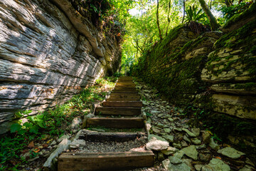 Stone and wooden stairs in mysterious forest. Hiking trail for hiking tours