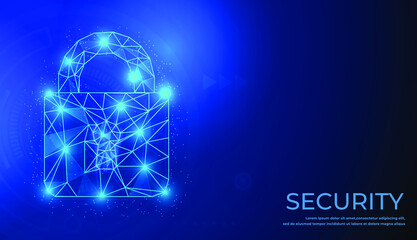 Lock. Polygonal wireframe mesh looks like constellation on dark blue night sky with dots and stars. Security, safe, privacy or other concept illustration or background