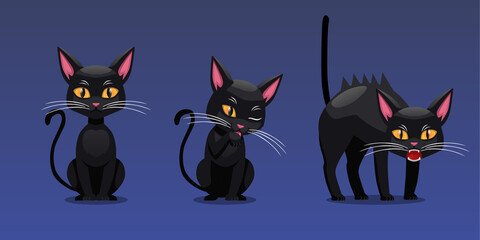 Set of Halloween Character Illustration, Black Cat Sit Pose and Angry Pose, Isolated on Gradient Background