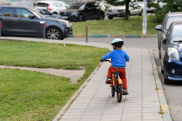 Young boy riding bicycle on a summer day