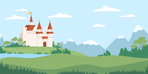 Obraz na płótnie Canvas Landscape with medieval castle vector flat illustration. Fairytale fortress near river, mountains and fields. Beautiful scenery with facade of historical building. Panoramic view with royal palace