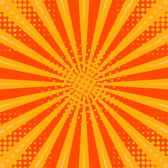 Abstract orange striped retro comic background with halftone corners. Template with rays, dots and halftone effect texture. Vector illustration. EPS10