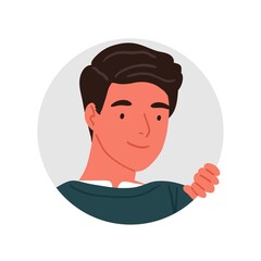 Portrait of peeping smiling young man vector flat illustration. Face of funny male searching something isolated on white. Curious guy looking through circle shape. Person watching out of round frame