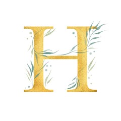 Golden letter H with watercolor elements illustration. Isolated white background