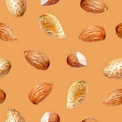 Watercolor seamless pattern almond on color background