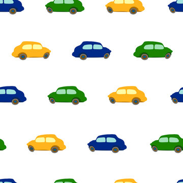 Seamless pattern with colorful ffunny vintage cars on white background, vector eps 10