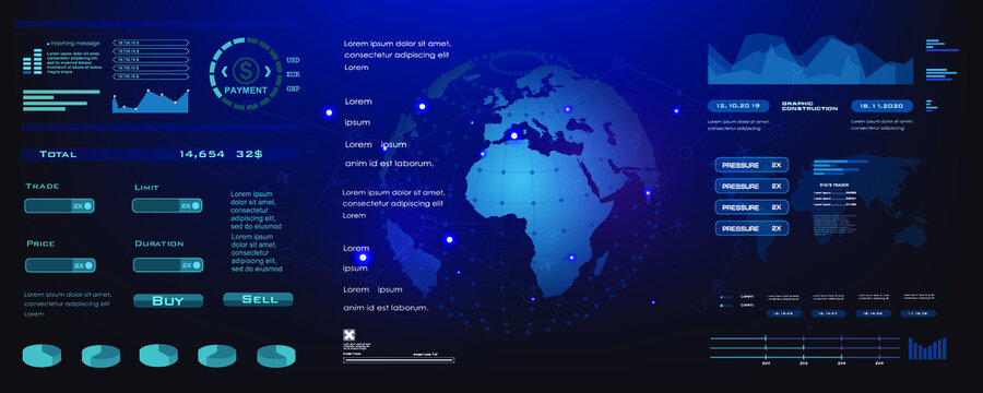 Futuristic concept banner with earth globe. Innovative user interface with HUD elements. World Internet technologies and communications. Planet data with description and HUD style diagrams