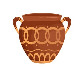 Antique greek vase with handles decorated by traditional Hellenic ornaments vector flat illustration. Ancient handmade clay amphora isolated on white background. Grecian handmade pottery vessel