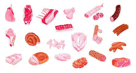 Gastronomic meat products collection. Assortment of fresh raw meat slices, sausages, ham. Butchery shop, farm market or processing plant design vector illustration isolated on white background