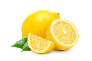 Natural Lemon fruit with cut in half and green leaf isolated on white background.
