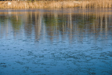 Rough ice surface on a forest lake on a sunny morning. Forest reflection in the ice. Ecology and nature concept. Resort concept. Slowing down concept. Copy space. 