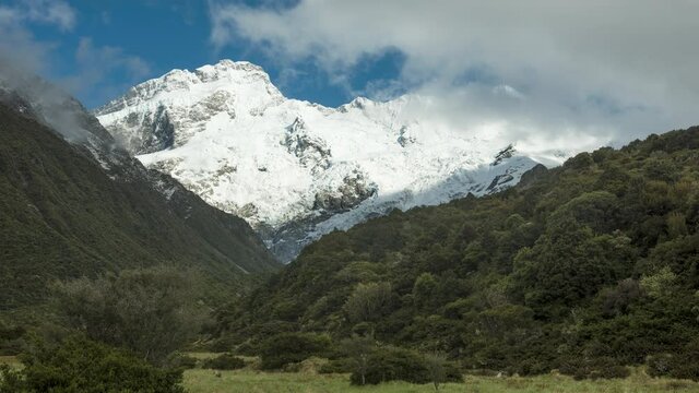 Time-lapse of the snow and ice covered peaks of Mount Sefton and The Footstool in Aorangi/Mount Cook National Park, Canterbury, New Zealand.