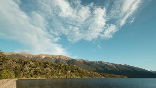 Time-lapse at Lake Rotoiti looking along the beach to Saint Arnaud ridge. Nelson Lakes National Park, Tasman, New Zealand.