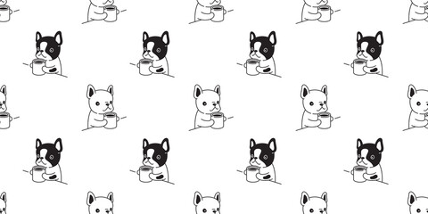 dog seamless pattern french bulldog vector coffee tea pot cartoon tile background repeat wallpaper scarf isolated illustration design