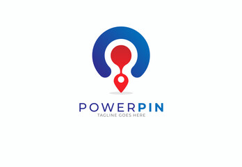 Power Place Logo, blue circular rounded power icon connected with Red place point icon, usable for business and company logos, flat design logo template, vector illustration