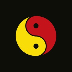 Yellow and red illustration on a black background. Vector illustration for logo, emblem, print, sign, symbol. Yin yang symbol.