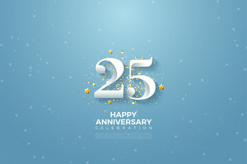 25th anniversary background with 3d number illustration on a blue sky.