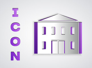 Paper cut School building icon isolated on grey background. Paper art style. Vector Illustration.