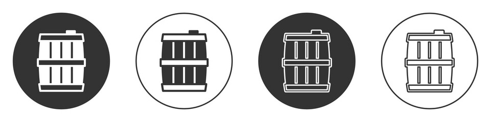 Black Wooden barrel icon isolated on white background. Alcohol barrel, drink container, wooden keg for beer, whiskey, wine. Circle button. Vector.