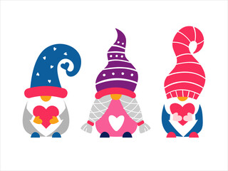 Fototapeta premium Valentine cute gnomes hand drawn vector illustration. Dwarfs girl and boys holding hearts with love. Happy valentine day. Bundle of gnomes in funny hats. Scandinavian greeting card. 