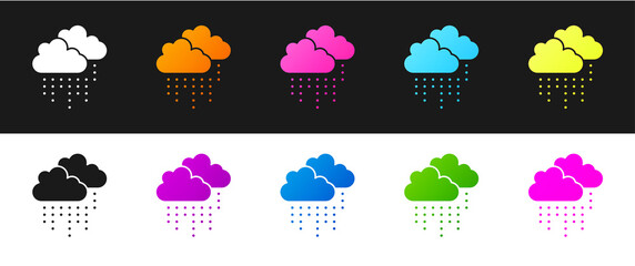 Set Cloud with rain icon isolated on black and white background. Rain cloud precipitation with rain drops. Vector.