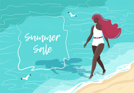 Beautiful black woman walking along the shore on a summer vacation. Travel to the sea. Card for summer sale. Modern illustration.