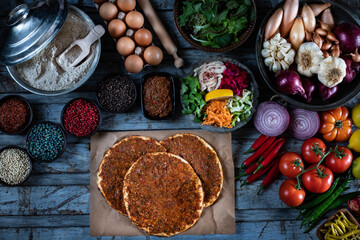 Traditional Turkish food, lahmacun and kiymali and kusbasili pide.