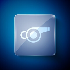 White Whistle icon isolated on blue background. Referee symbol. Fitness and sport sign. Square glass panels. Vector.