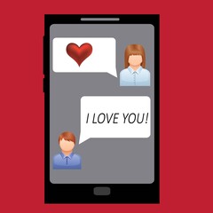 Love texting, online dating vector background. Two people texting love messages to each other. Man and woman holding smartphones and sending love hearts.
