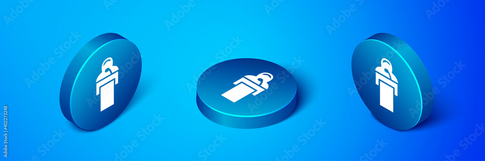 Poster isometric gives lecture icon isolated on blue background. stand near podium. speak into microphone. 