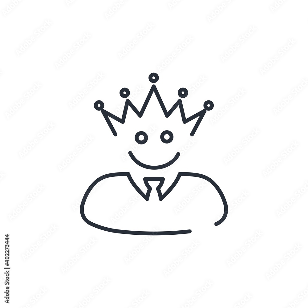 Poster smiling man wearing a crown. satisfaction and excellence. vector linear icon isolated on white backg