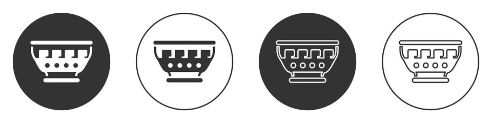 Black Greek ancient bowl icon isolated on white background. Antique amphora with patterns collection. Ancient Greece bowl. Circle button. Vector.